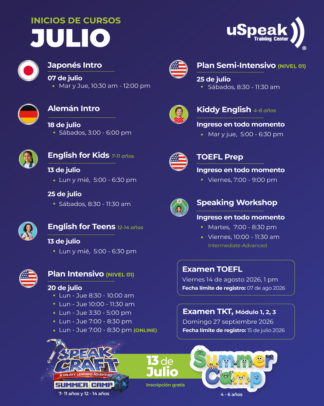 uSpeak Training Center — Calendario de inicios de cursos de julio